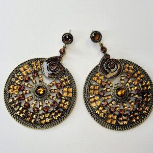 Amber Brown Rhinestone Circular Statement Earrings